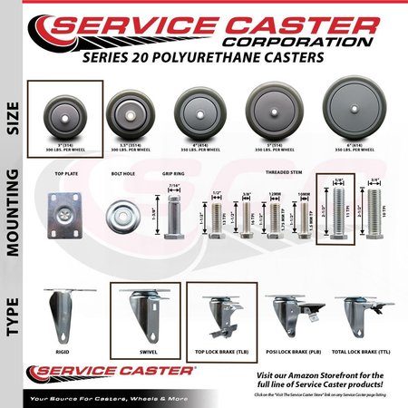 Service Caster 3 Inch Gray Polyurethane Wheel Swivel 58 Inch Threaded Stem Caster with Brake SCC SCC-TS20S314-PPUB-TLB-58212